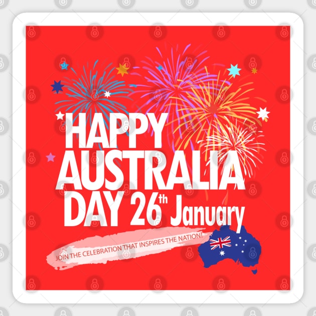 Happy Australia Day 26th January inscription poster with Australian Flag, Australia Map, stars and fireworks. Funny Australia, Patriotic National Holiday Festive Poster for gifts and clothing design. Festival Event decoration. Sticker by sofiartmedia